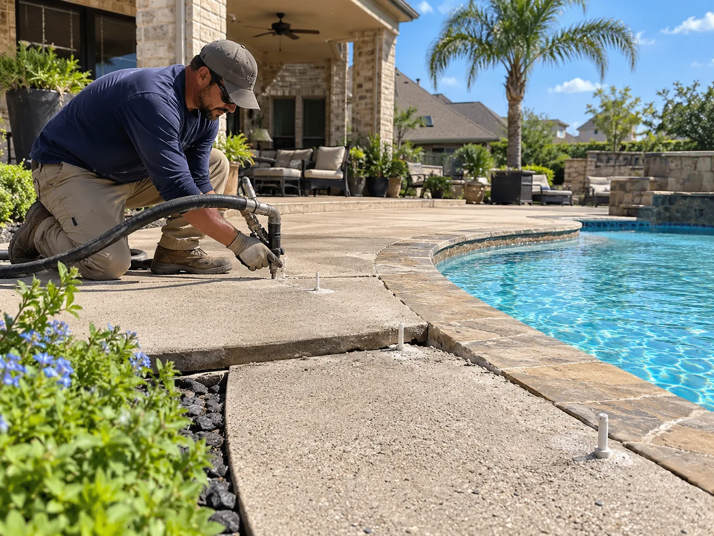 Pool deck concrete leveling around a Houston-area swimming pool