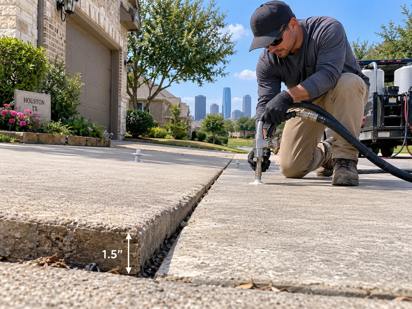 Technician leveling an uneven Houston sidewalk slab